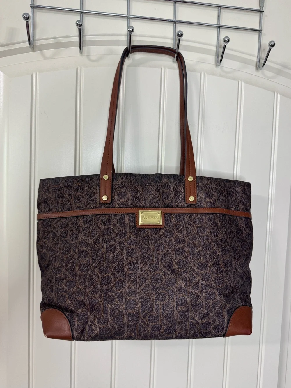 CALVIN KLEIN 🌟 Brown, Gold Monogram Logo Shoulder Tote, Dual Straps - Like NEW